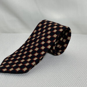 Brooks Brothers 100% Silk Tie Navy Red Tan Square Pattern 4” Art Deco USA Made
